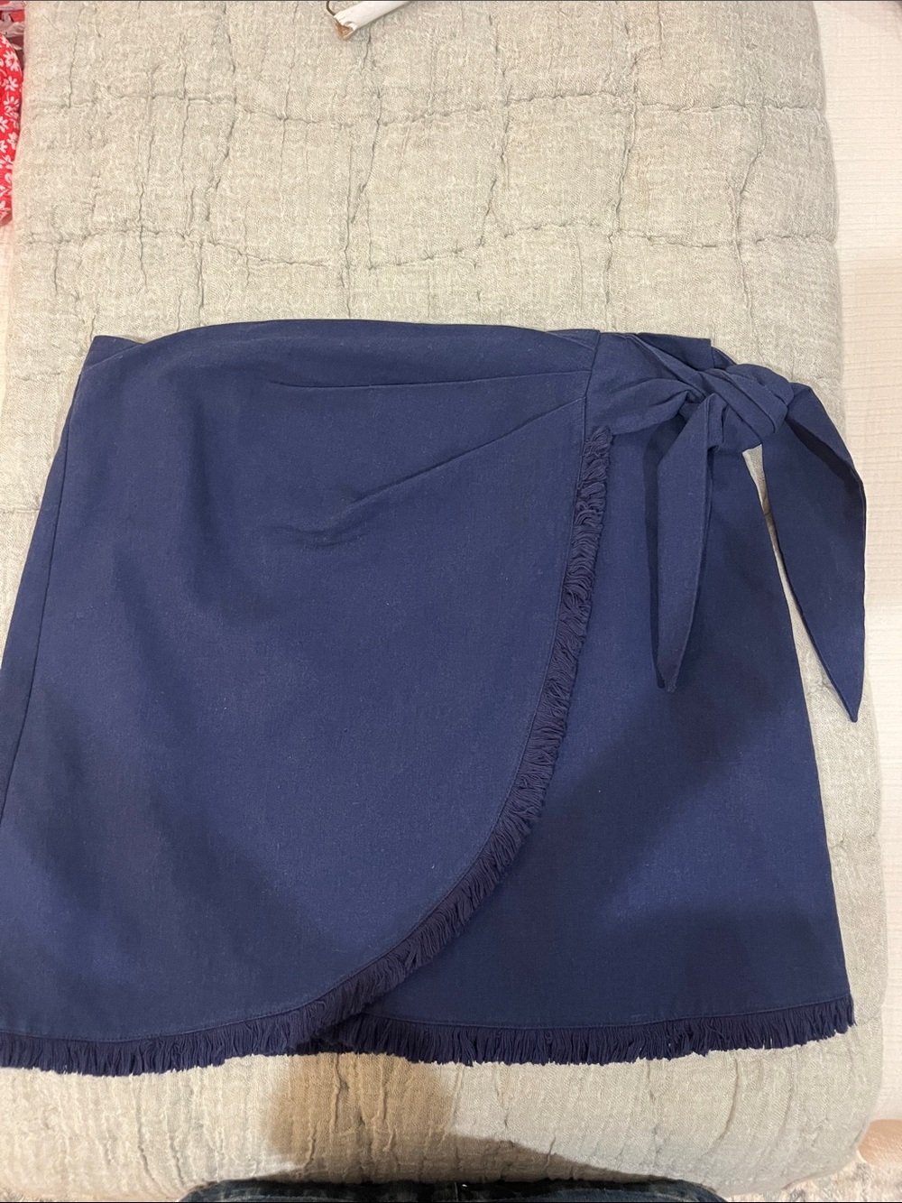 Navy Wrap Tie Mini Skirt with Fringe Trim